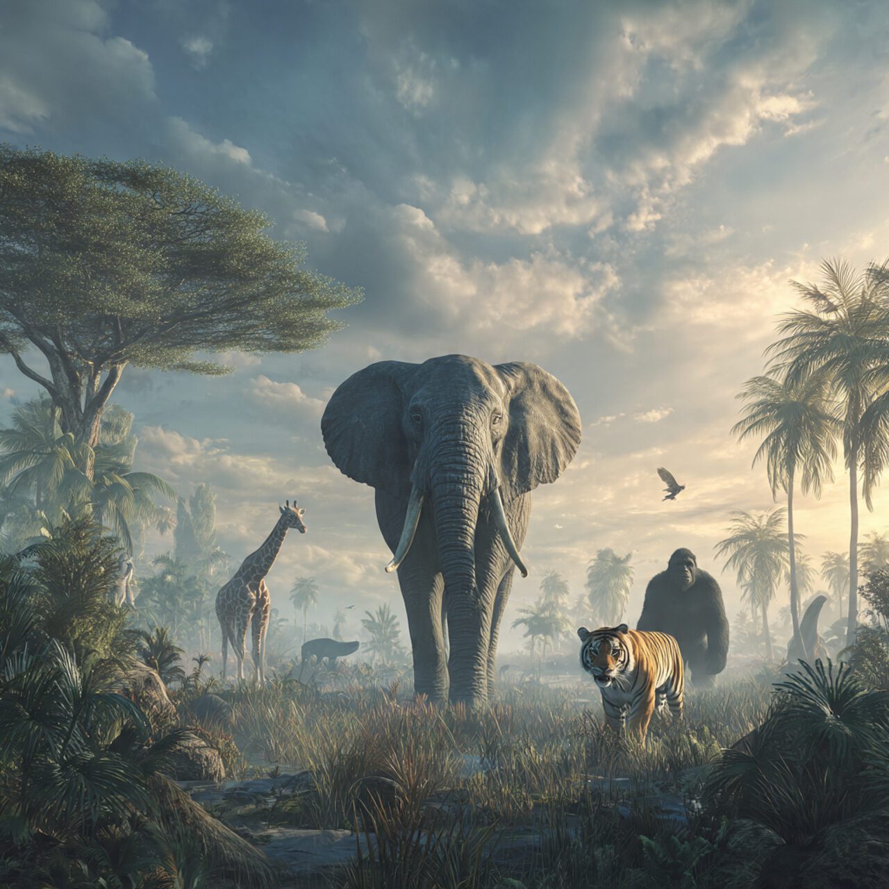 Thinking of Yours:A photorealistic, ultra-HD 8K wildlife composition showcasing the largest and most powerful animals on Earth. A massive African elephant standing proudly in the center, a blue whale emerging from ocean waves in the background, a towering giraffe beside acacia trees, a Bengal tiger walking through tall golden grass, and a silverback gorilla in a dense green rainforest. Dramatic natural lighting, crisp textures, realistic animal anatomy, high-detail fur and skin, wide cinematic landscape, National Geographic-style photography, vibrant colors, deep depth of field, extremely sharp and lifelike.