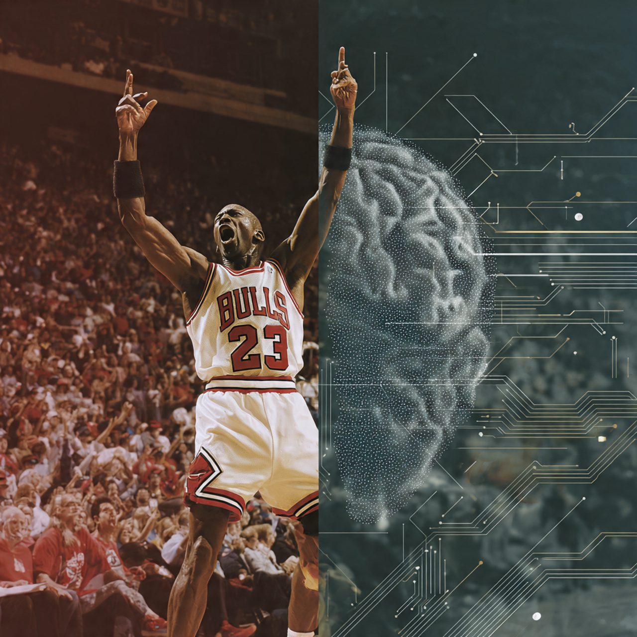 Thinking of Yours: Comparison of Michael Jordan clutch moment with brain scan showing neural activity during high-pressure performance.