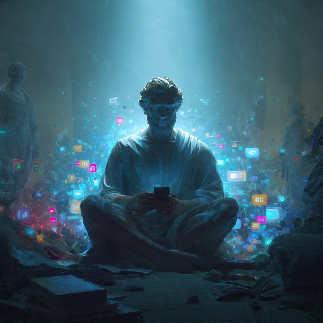 Thinking of Yours: “A modern man sitting calmly in a minimalist room, eyes closed in deep focus, surrounded by a chaotic storm of floating smartphone notifications, social media icons, emails, and glowing screens. The man remains still and centered, inspired by Stoic philosophy, with a subtle marble statue texture blending into his figure, symbolizing ancient wisdom. In the background, faint elements of classical architecture like Roman columns and statues merge with a futuristic digital cityscape. Color palette contrasts शांत neutral tones around the man with vibrant, distracting neon lights swirling outside his calm aura. Cinematic lighting, high contrast, ultra-detailed, 4K resolution, conceptual editorial illustration.”