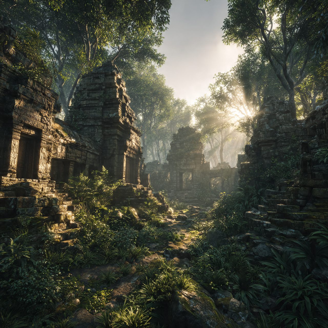 Thinking of Yours: Ancient stone ruins overgrown by dense green jungle under a golden sunset, representing lost civilizations.