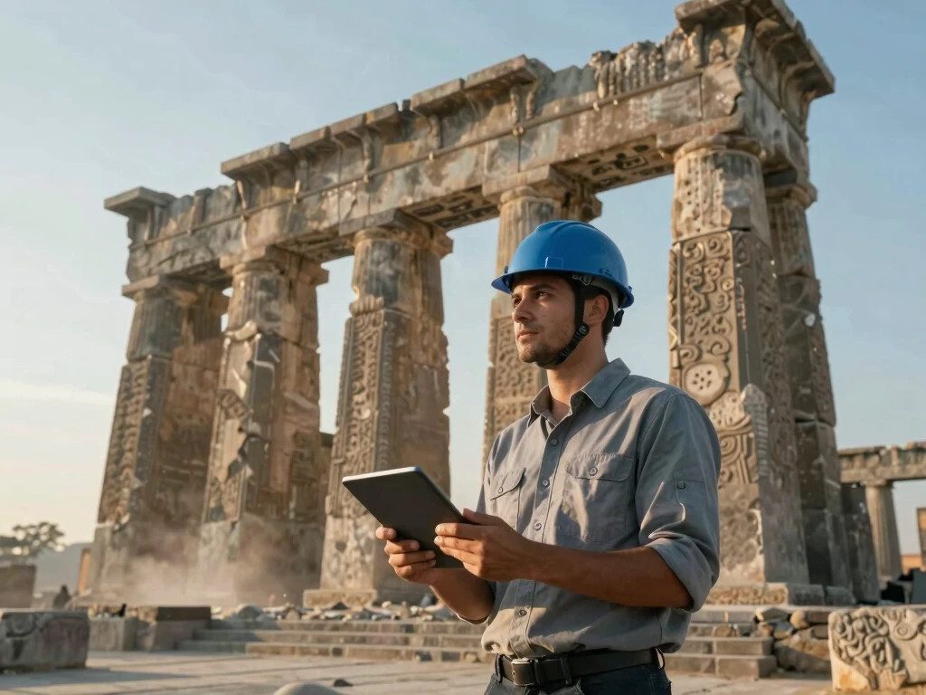 Thinking of Yours: A modern engineer studying a massive ancient stone monument at sunrise.