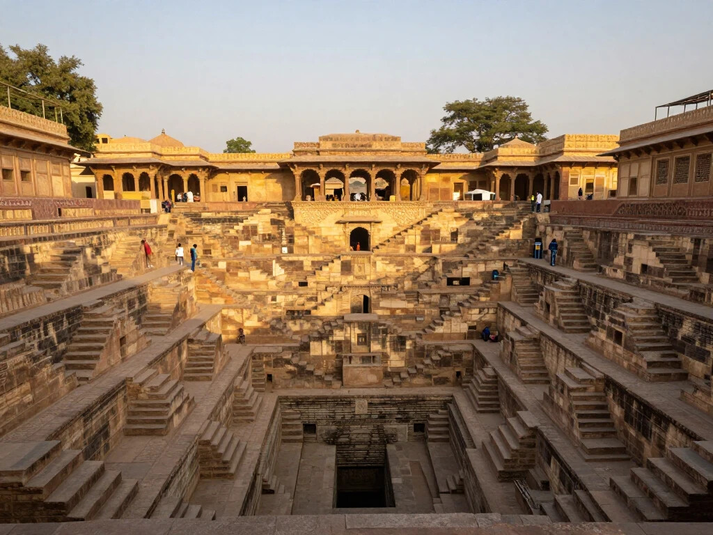 Thinking of Yours:Chand Baori stepwell in Rajasthan showing dramatic symmetrical staircases descending into geometric depths.