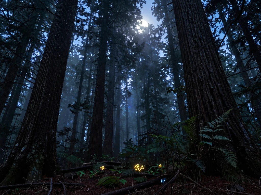 Thinking of Yours: Moonlit old-growth forest at 3 AM representing untouched wildlife silence far from human disturbance.