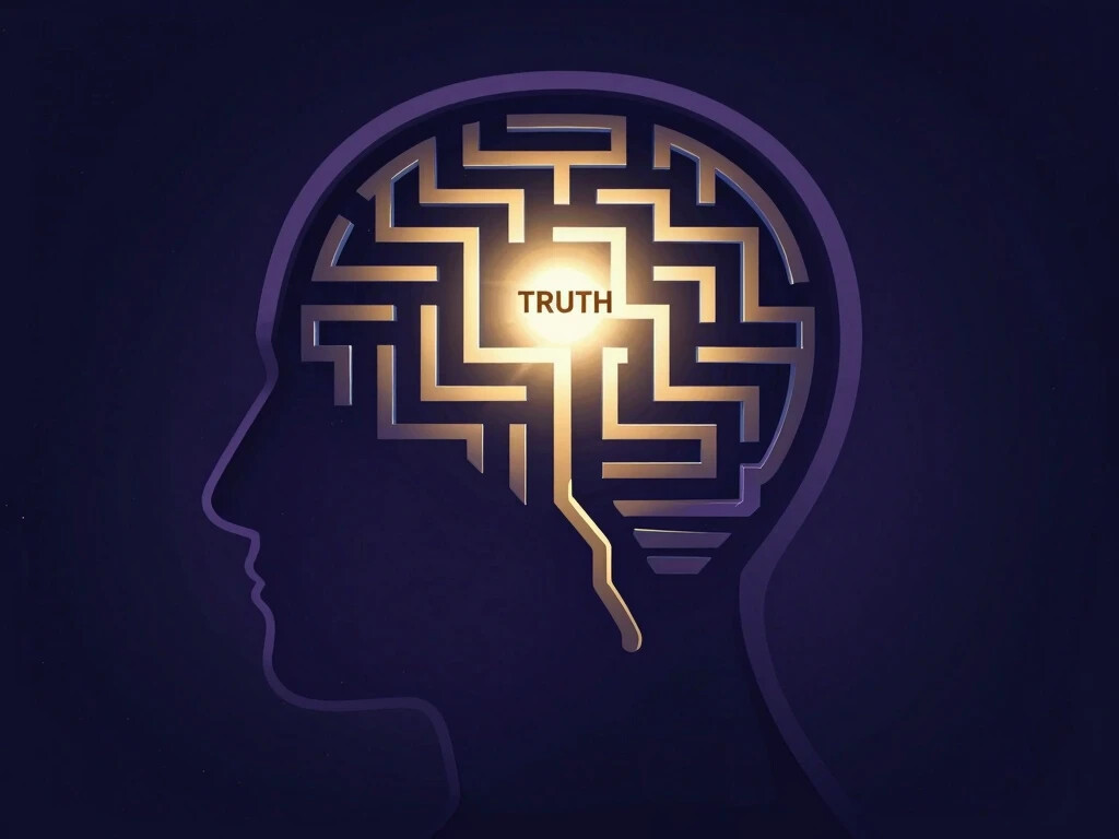 Thinking of Yours: "Surreal illustration of a human head containing a mirror maze symbolizing flawed logical thinking, with a glowing truth at the center that the brain cannot easily reach — representing cognitive biases and the deception of human rationality."