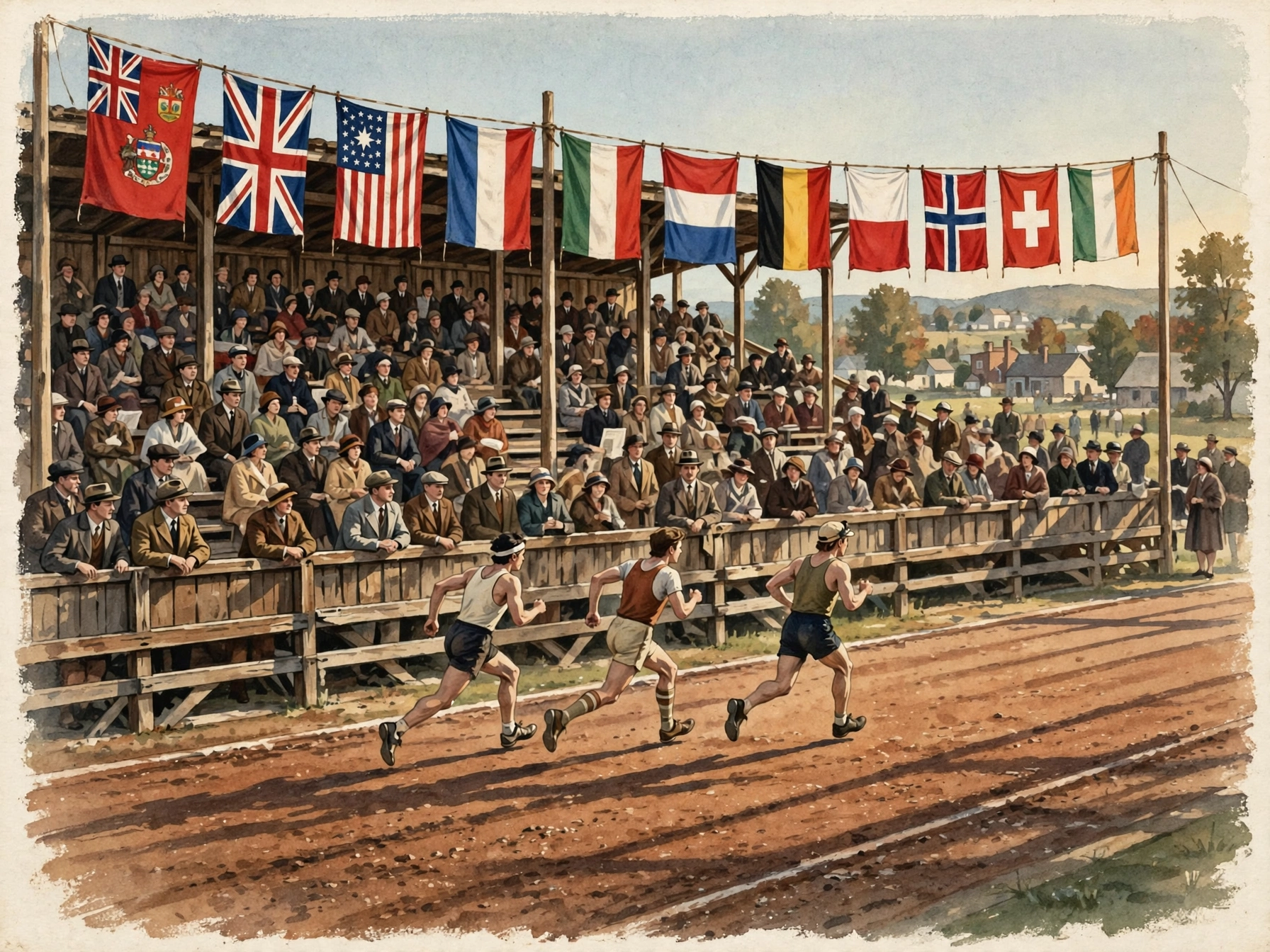 Thinking of Yours: First British Empire Games 1930 Hamilton Canada — painted illustration of athletes competing in vintage stadium, origin of Commonwealth Games