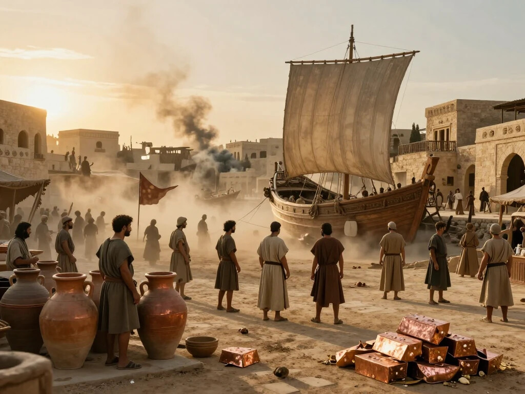 Thinking of Yours: Ultra-realistic depiction of a Late Bronze Age Mediterranean port city with traders, cargo ships, and signs of destruction at sunset.
