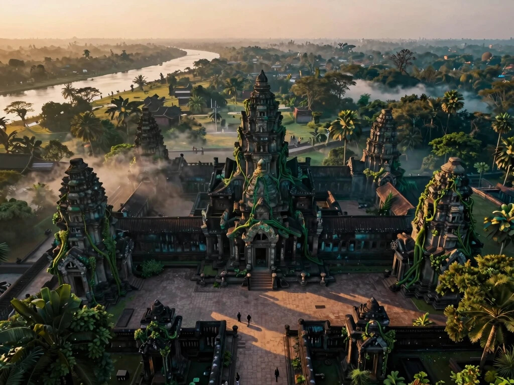 Thinking of Yours: Aerial view of an ancient lost civilization's ruins being reclaimed by jungle, representing civilizations that vanished without a trace