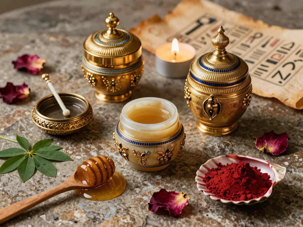 Thinking of Yours: Ancient Egyptian beauty tools and cosmetic ingredients including kohl, honey, red ochre and alabaster jars representing the beauty secrets of Cleopatra and Nefertiti