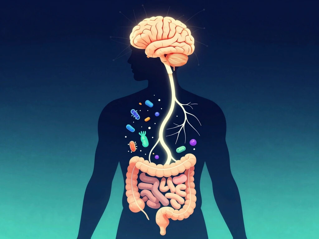 Thinking of Yours:Illustration of the gut-brain axis showing a split human silhouette with a brain connected to gut bacteria through the vagus nerve, representing the microbiome-mental health link.