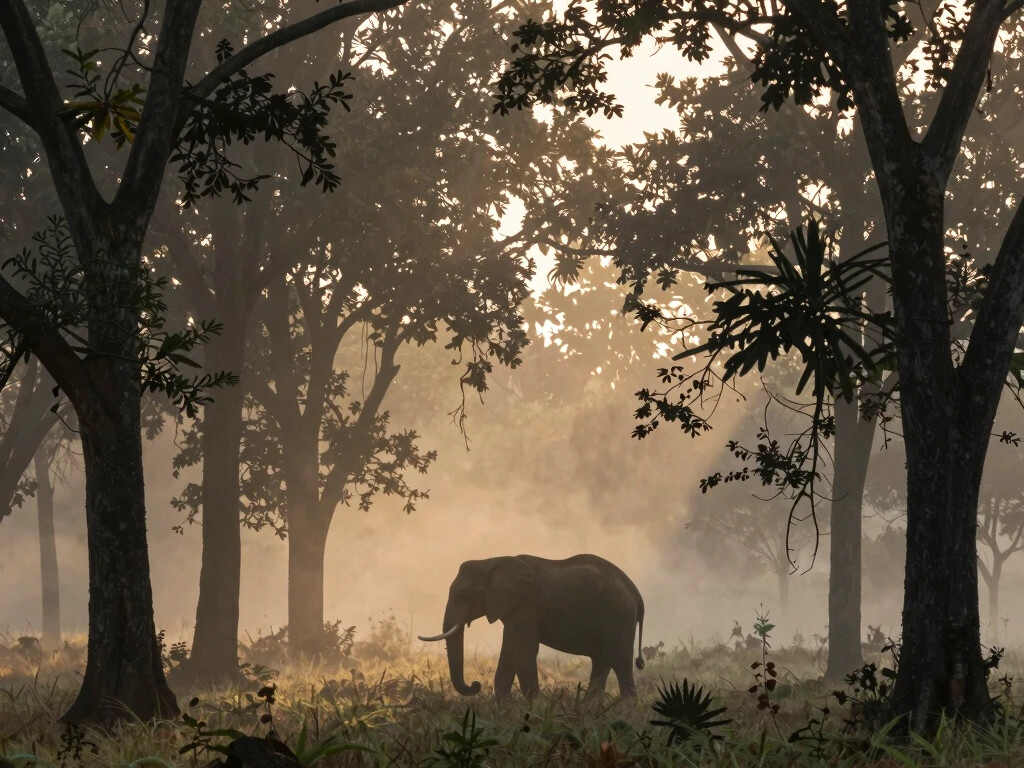 Thinking of Yours: Elephant standing in misty forest at sunrise, representing hidden wildlife secrets of nature