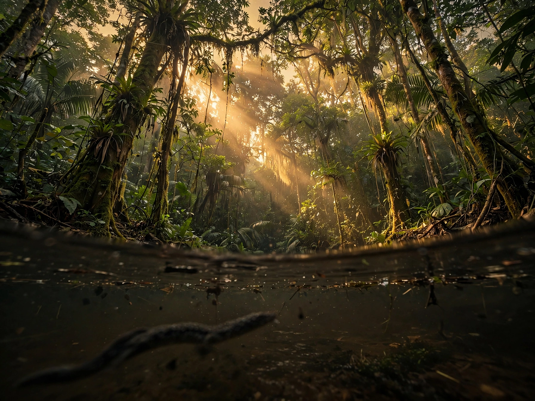Thinking of Yours: Mysterious creature silhouette in a dark Amazon river pool surrounded by ancient rainforest canopy at golden hour