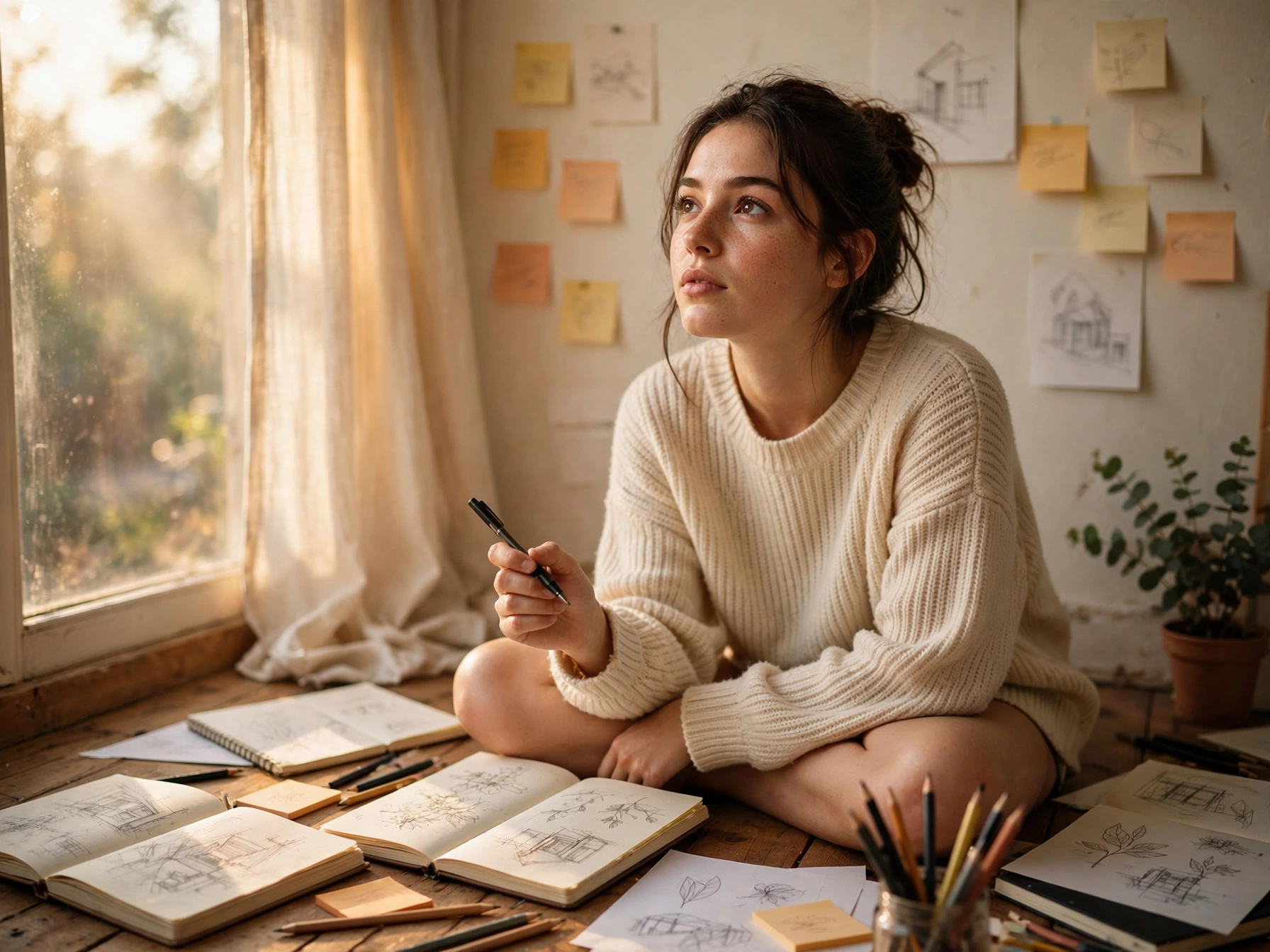 Thinking of Yours: Overthinking superpower — creative woman journaling with scattered notes and deep thoughts