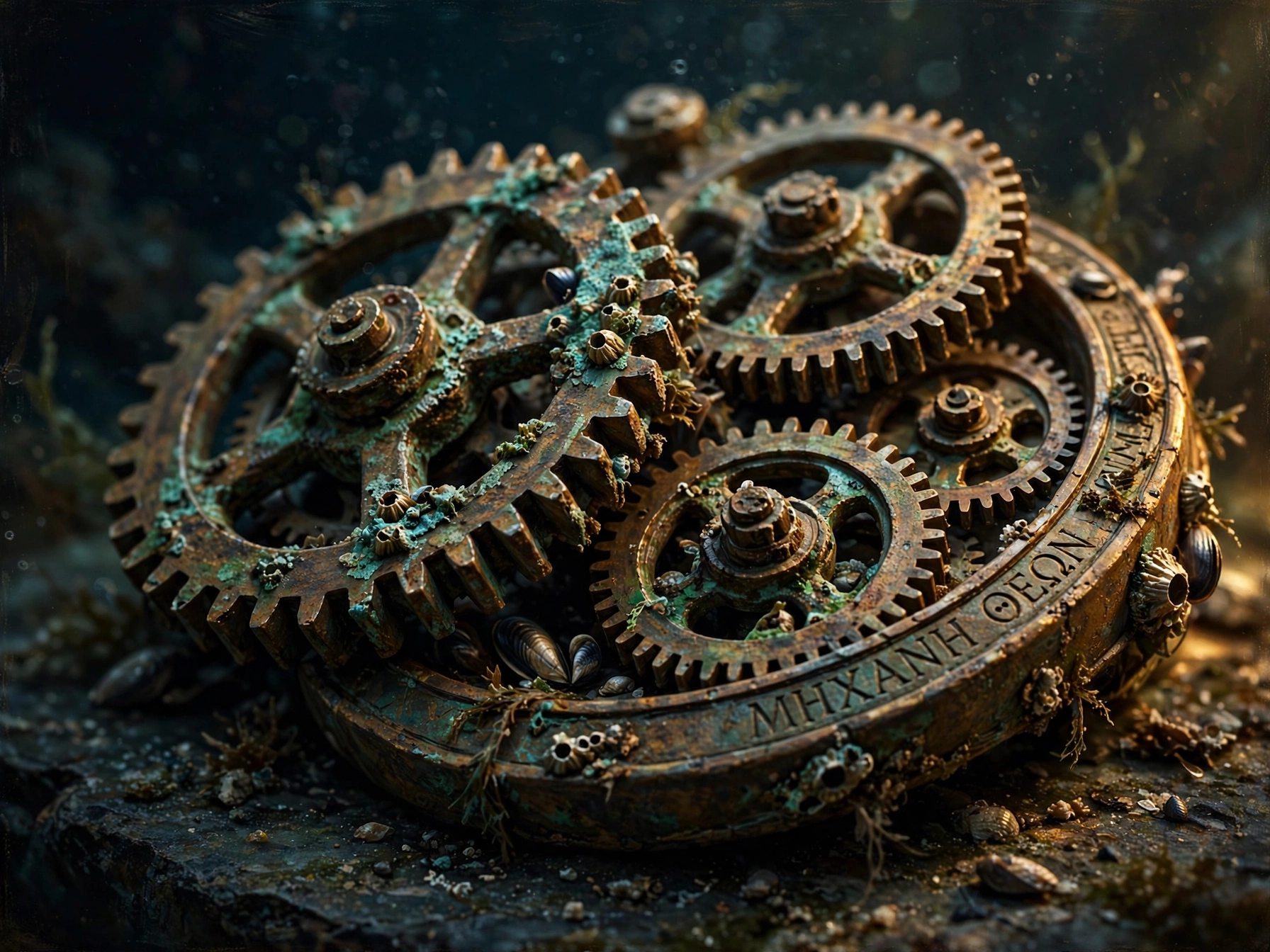 Thinking of Yours: Ancient Greek Antikythera mechanism bronze gears close-up — origin of ancient analog computing and missing link devices