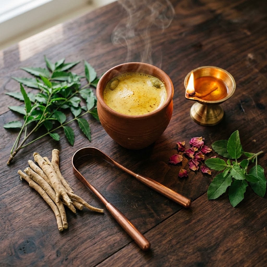 Thinking of Yours: Ayurvedic herbs and copper tools arranged on wood — turmeric, ashwagandha, neem, and tulsi representing the 5,000-year-old science of holistic wellness