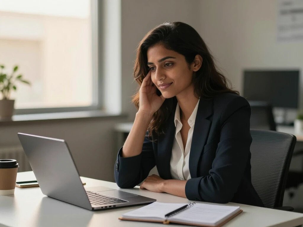 A composed young professional woman sitting at her desk looking fine on the outside while quietly carrying the invisible weight of a mental health struggle