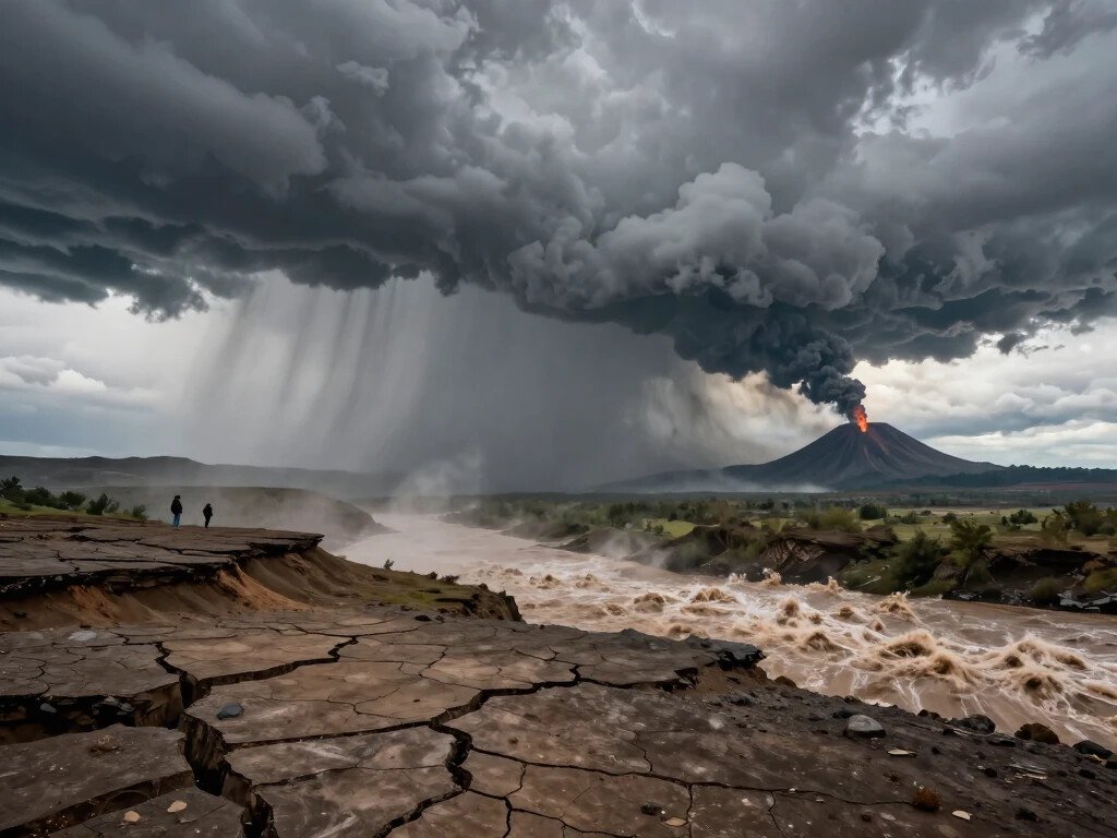 Extreme natural forces reshape a landscape with cracked ground, flooding, thunderstorms, and a distant volcanic eruption.