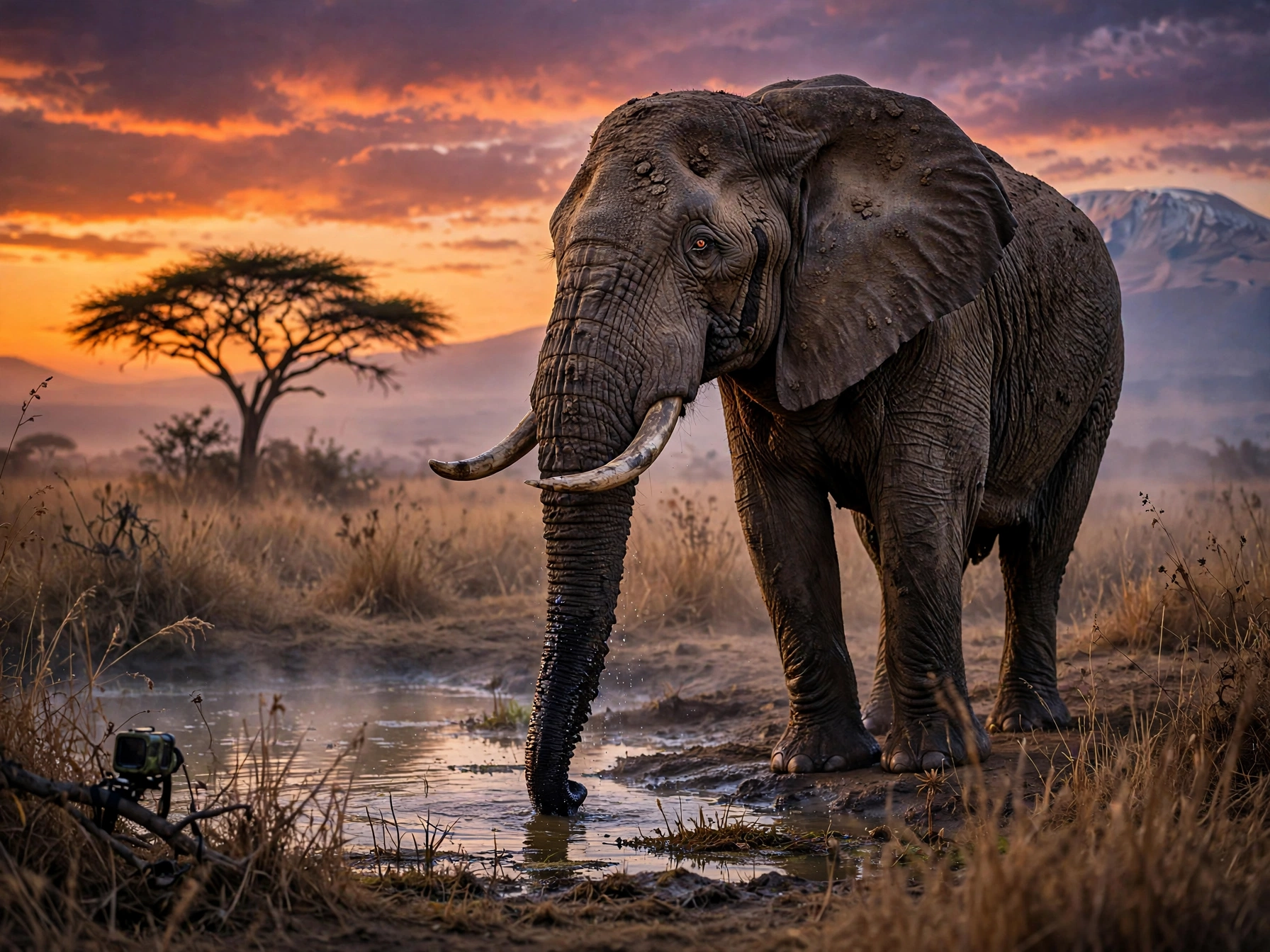 A massive African bull elephant standing alone at a misty waterhole at golden hour dusk in Amboseli National Park Kenya, with Mount Kilimanjaro faintly visible in the background and a hidden camera trap barely visible on a tree branch — representing wildlife animal research