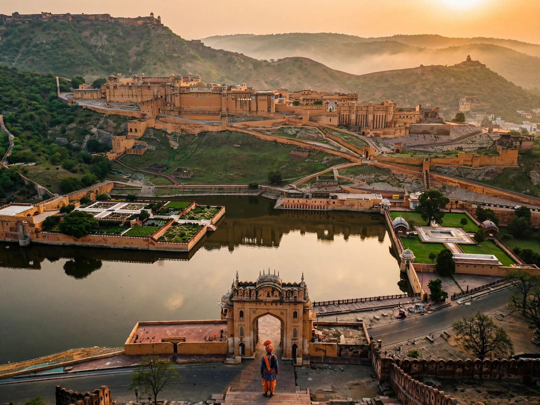 Thinking of Yours: Aerial golden hour view of Amer Fort Jaipur with Maota Lake reflection and Aravalli hills showing the complete construction and scale of this UNESCO World Heritage Site in Rajasthan