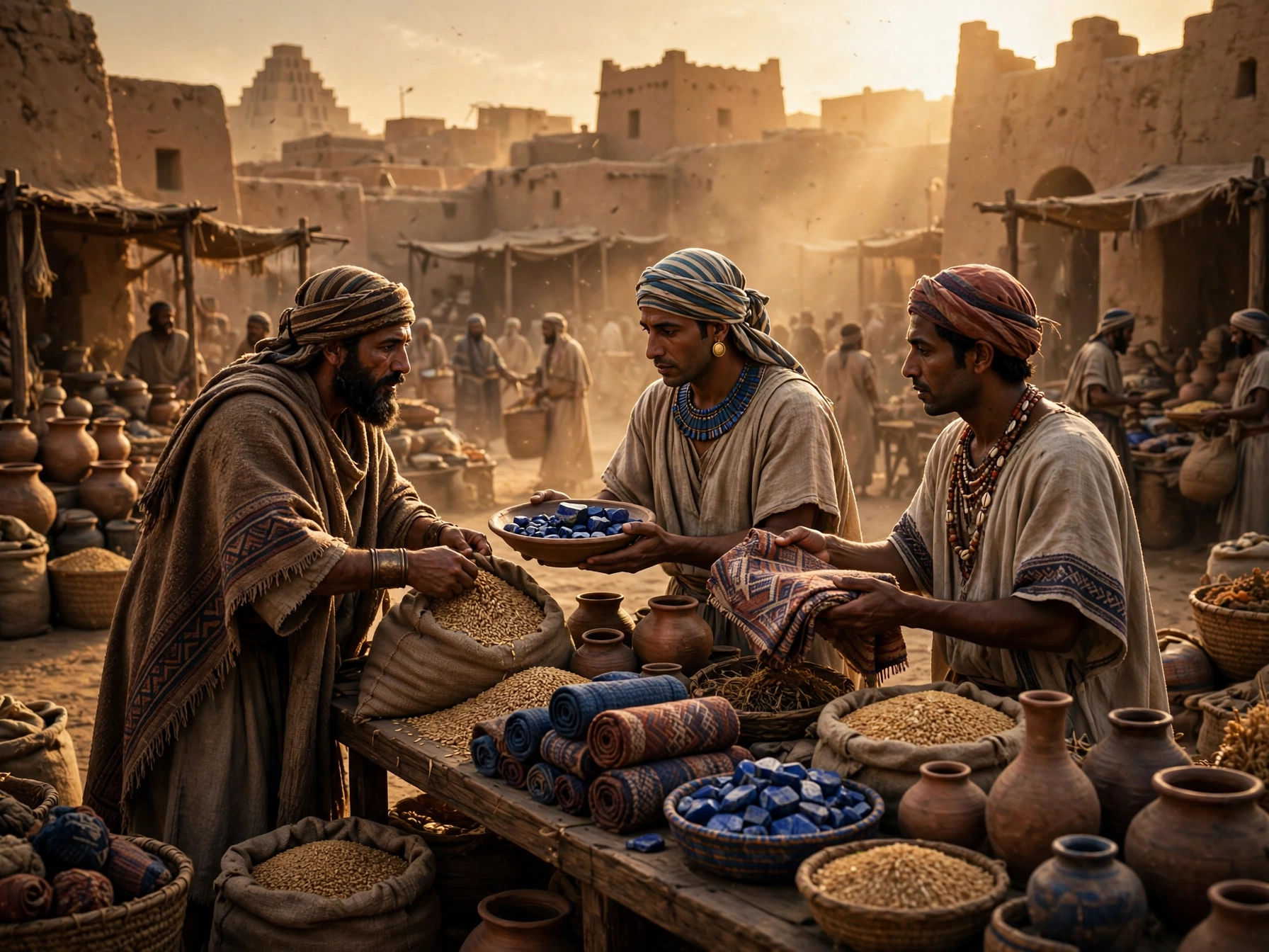 Thinking of Yours:Ancient marketplace scene showing merchants trading grain, pottery and gemstones before money was invented in early civilizations