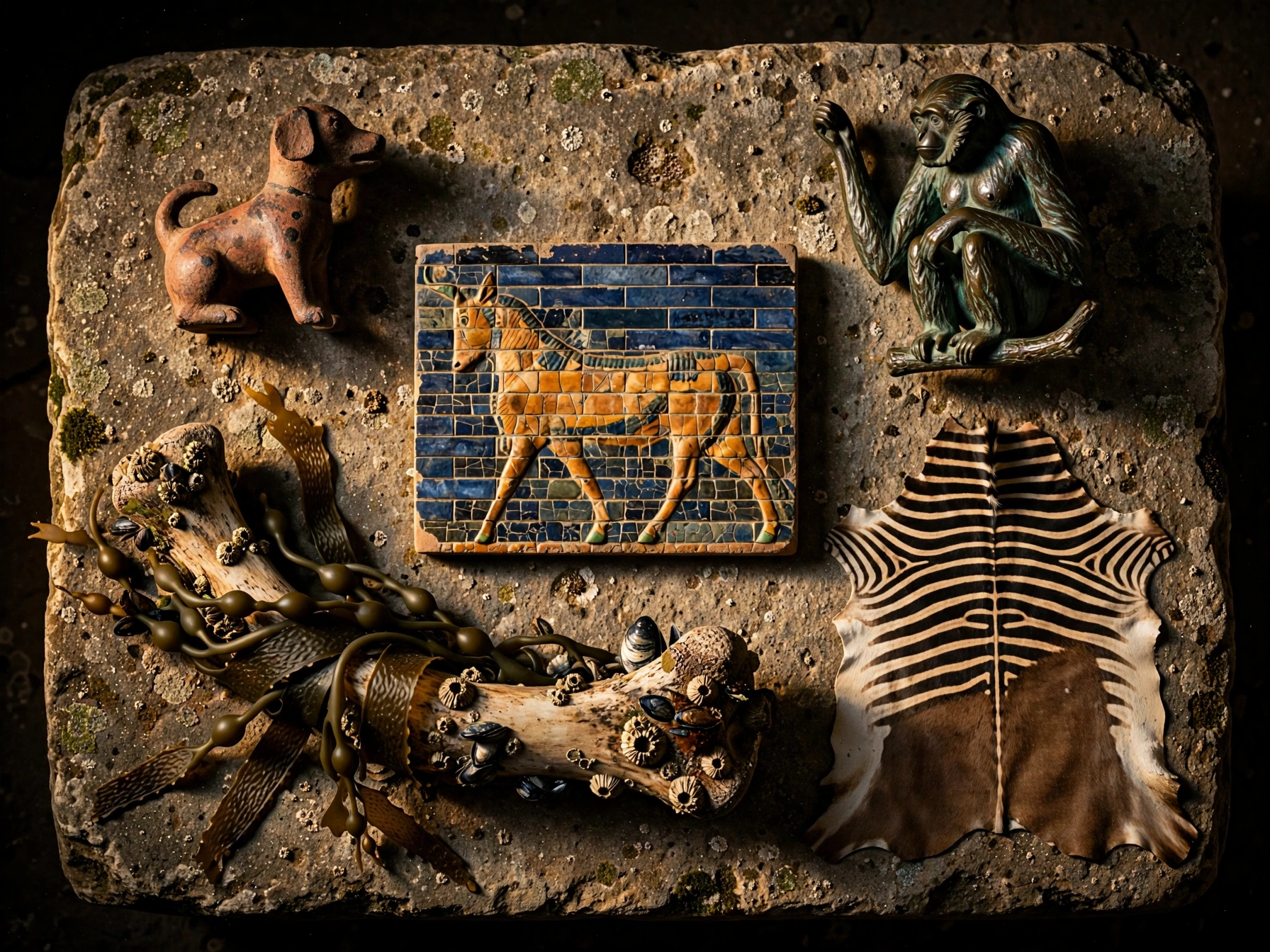 Five sacred extinct animals of ancient civilizations — artifacts representing the Techichi dog, Imperial Gibbon, Aurochs, Steller's Sea Cow, and Quagga, each worshipped or revered before being lost to human activity forever