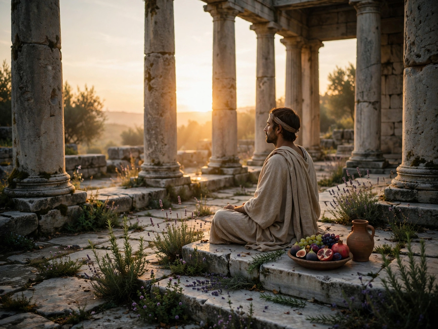Ancient Greek figure meditating at sunrise in a stone courtyard surrounded by herbs — representing ancient wellness and lifestyle practices