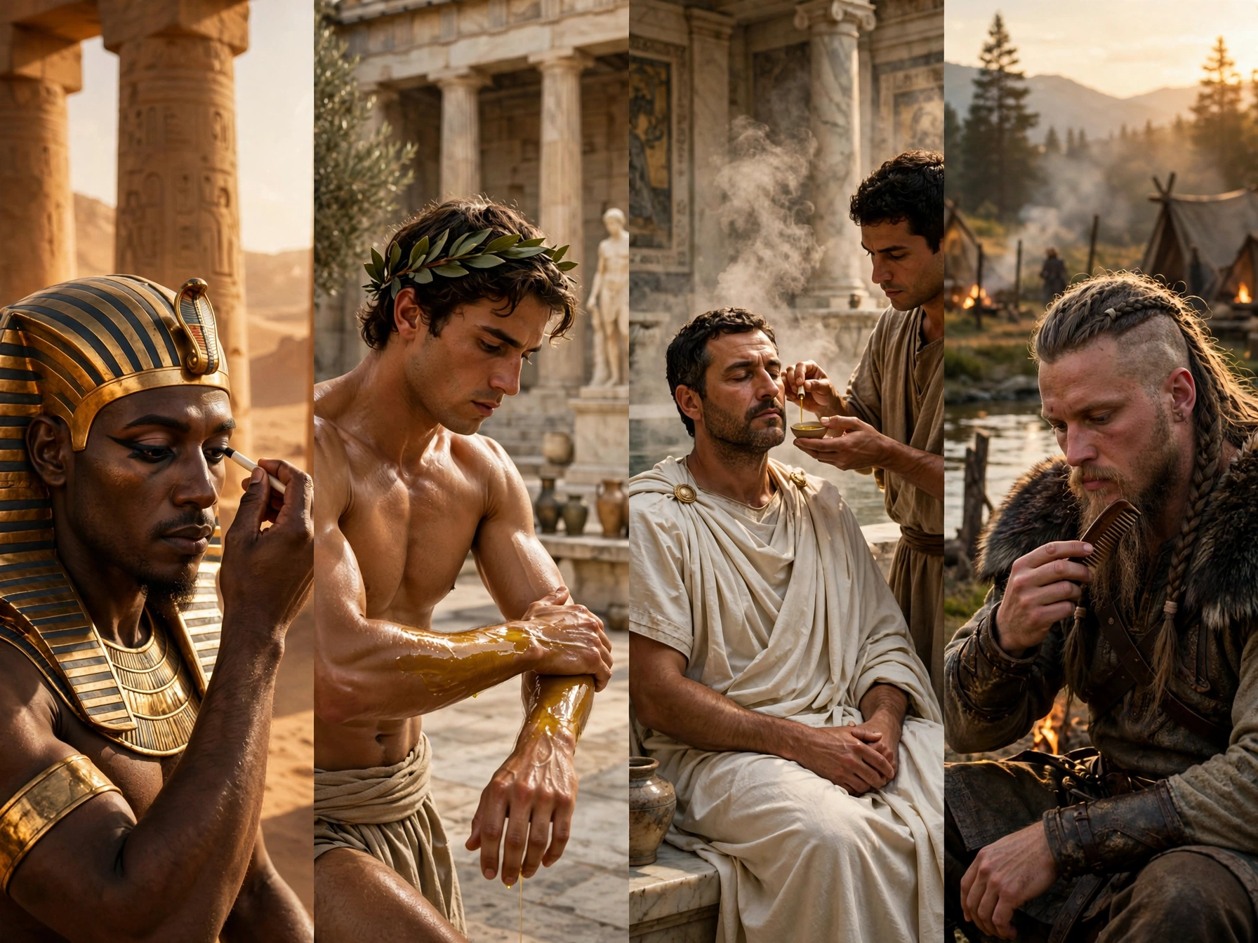 4-panel cinematic piece — Egyptian kohl, Greek olive oil, Roman thermae treatment, and Viking beard combing