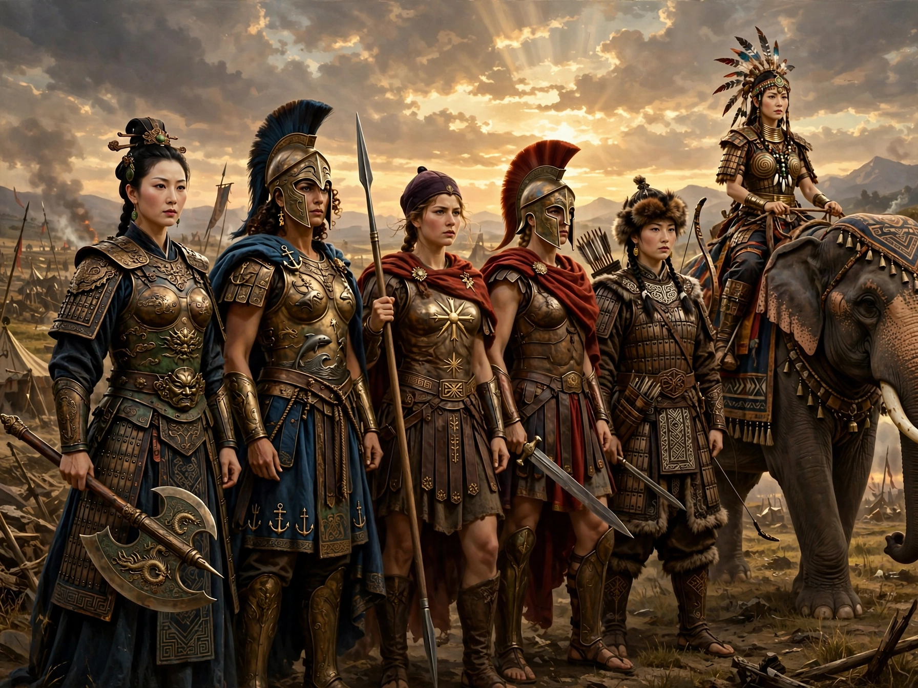 Thinking of Yours:Six female generals of the ancient world standing together — representing Fu Hao, Artemisia, Cynane, Arachidamia, Lady Trieu, and Khutulun in historically inspired warrior attire