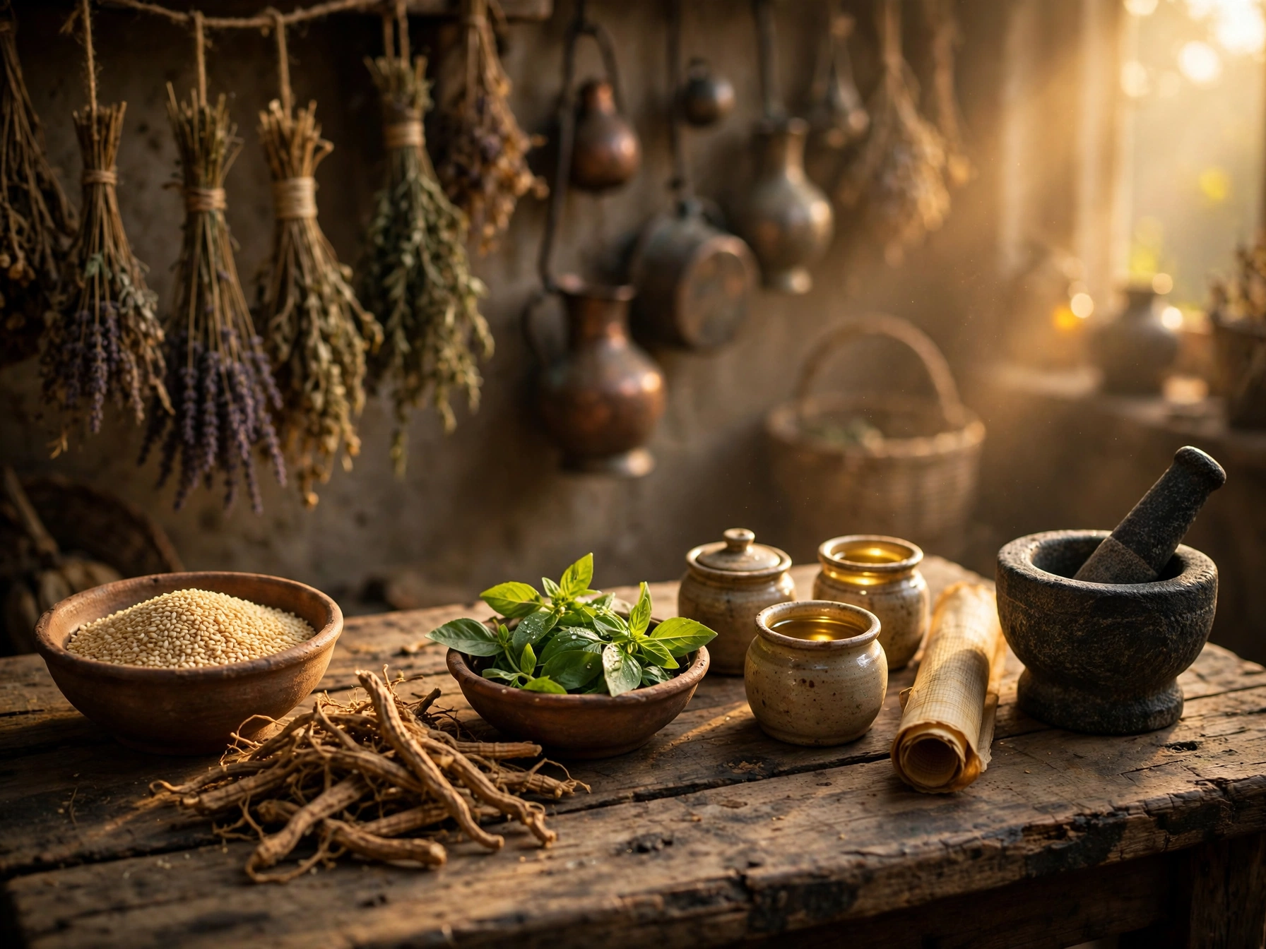 Ancient herbal remedies and healing tools on a rustic wooden table in warm golden light