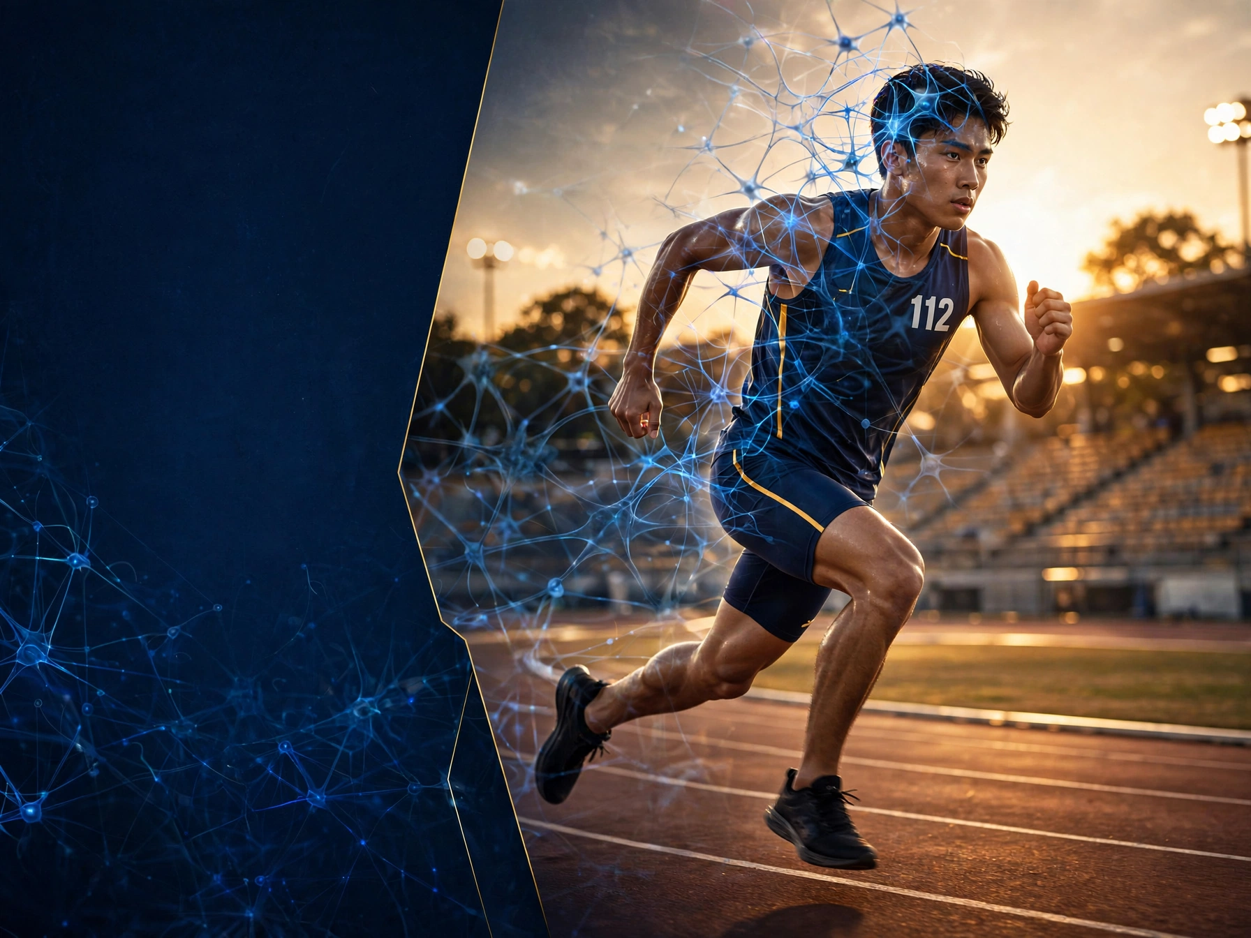 Thinking of Yours: Athlete sprinting on track with glowing neural network overlay symbolizing sports science and faster learning