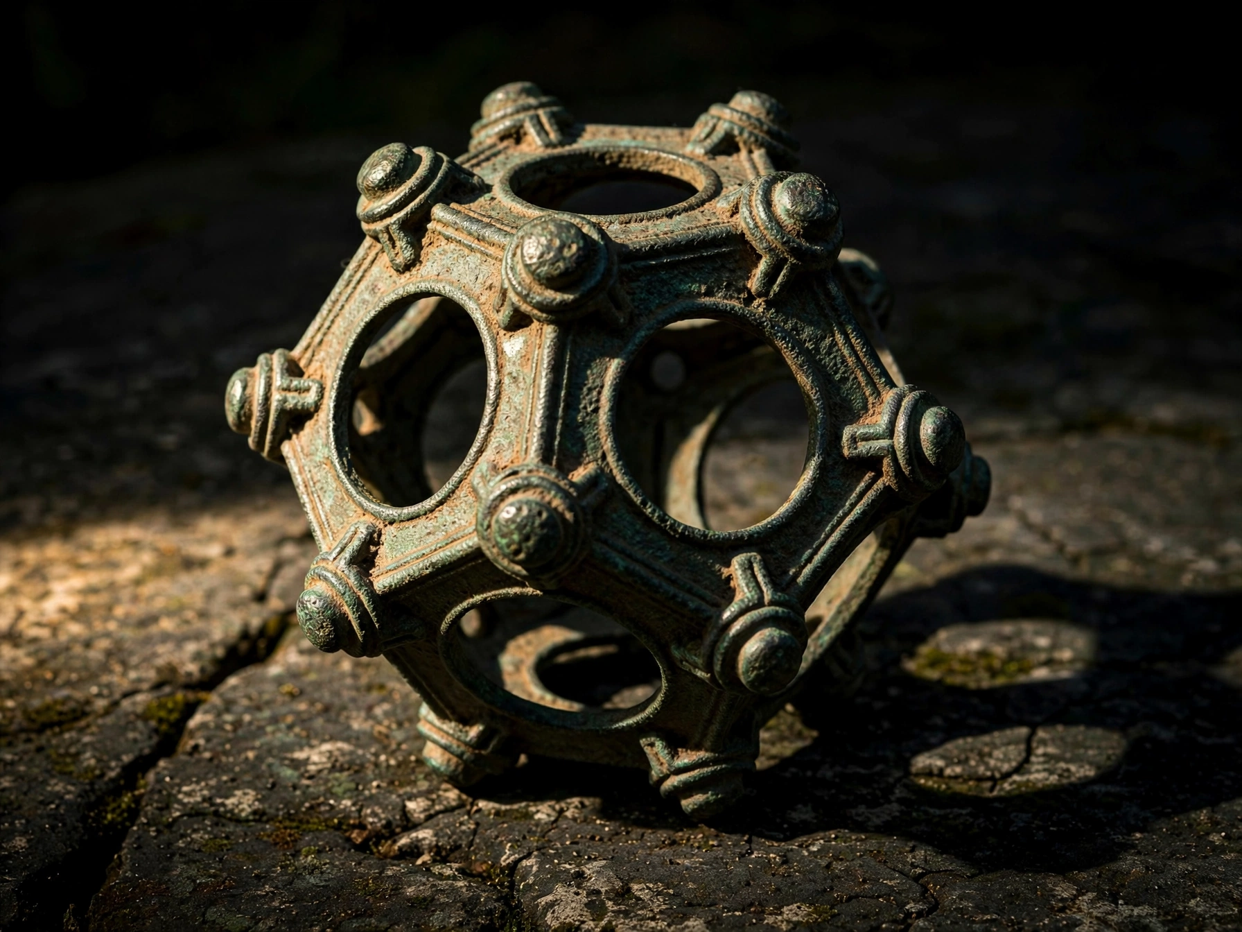 A 2,000-year-old Roman dodecahedron made of bronze with 12 pentagonal faces and circular holes of varying sizes — one of archaeology's greatest unsolved mysteries