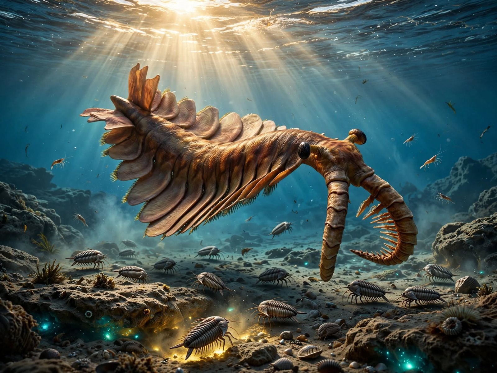 massive Anomalocaris with its fan fins and stalked compound eyes gliding through that turquoise water, volumetric god rays cutting from the surface, while trilobites scatter across the rocky seafloor with that golden bioluminescent glow from below.