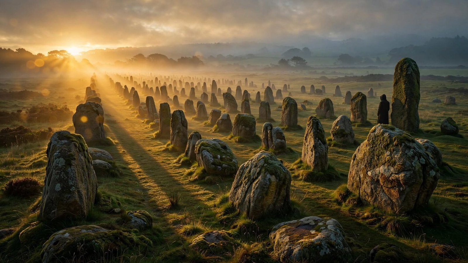 Ancient Carnac stone alignments in Brittany, France, at golden hour with mist and dramatic shadows