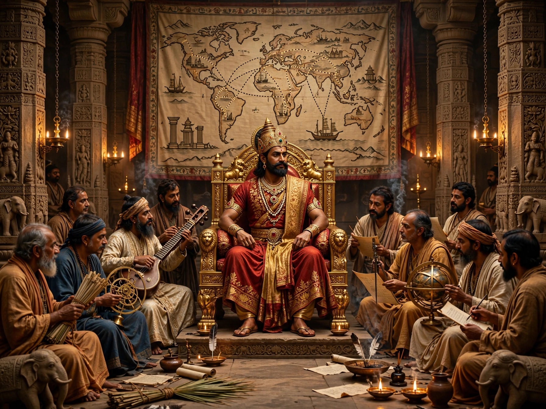Thinking of Yours: Chandragupta II Vikramaditya on his golden throne in Pataliputra court surrounded by Navaratnas and scholars — greatest Indian king of Gupta Empire golden age whose legacy still shapes modern India