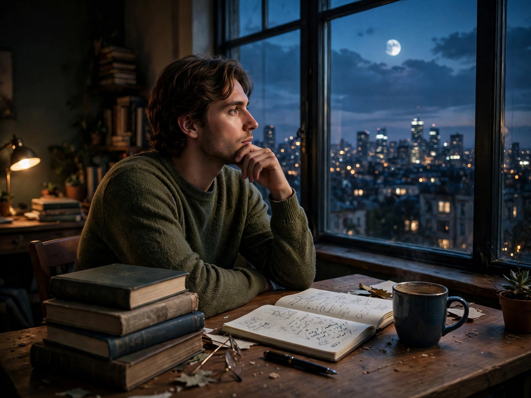 A person sitting alone at a wooden desk by a large window at dusk, deep in thought with hand resting near chin, surrounded by stacked books, an open notebook, and a coffee mug, with a moonlit city skyline visible through the window — representing the art of thinking deeply and thoughtful insight