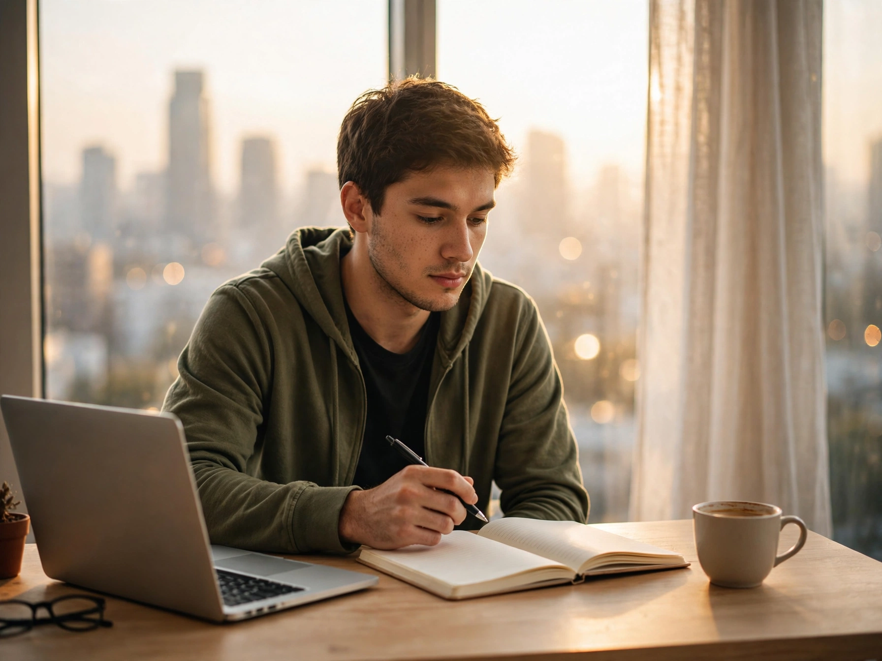 Thinking of Yours:Young entrepreneur sitting at a desk thinking deeply while writing in a notebook — representing the silent skill business schools never teach