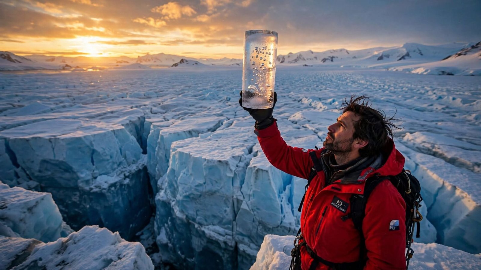 A scientist in a red parka holds an ice core cylinder up against the Antarctic sky at sunset, with a vast glacier stretching behind him