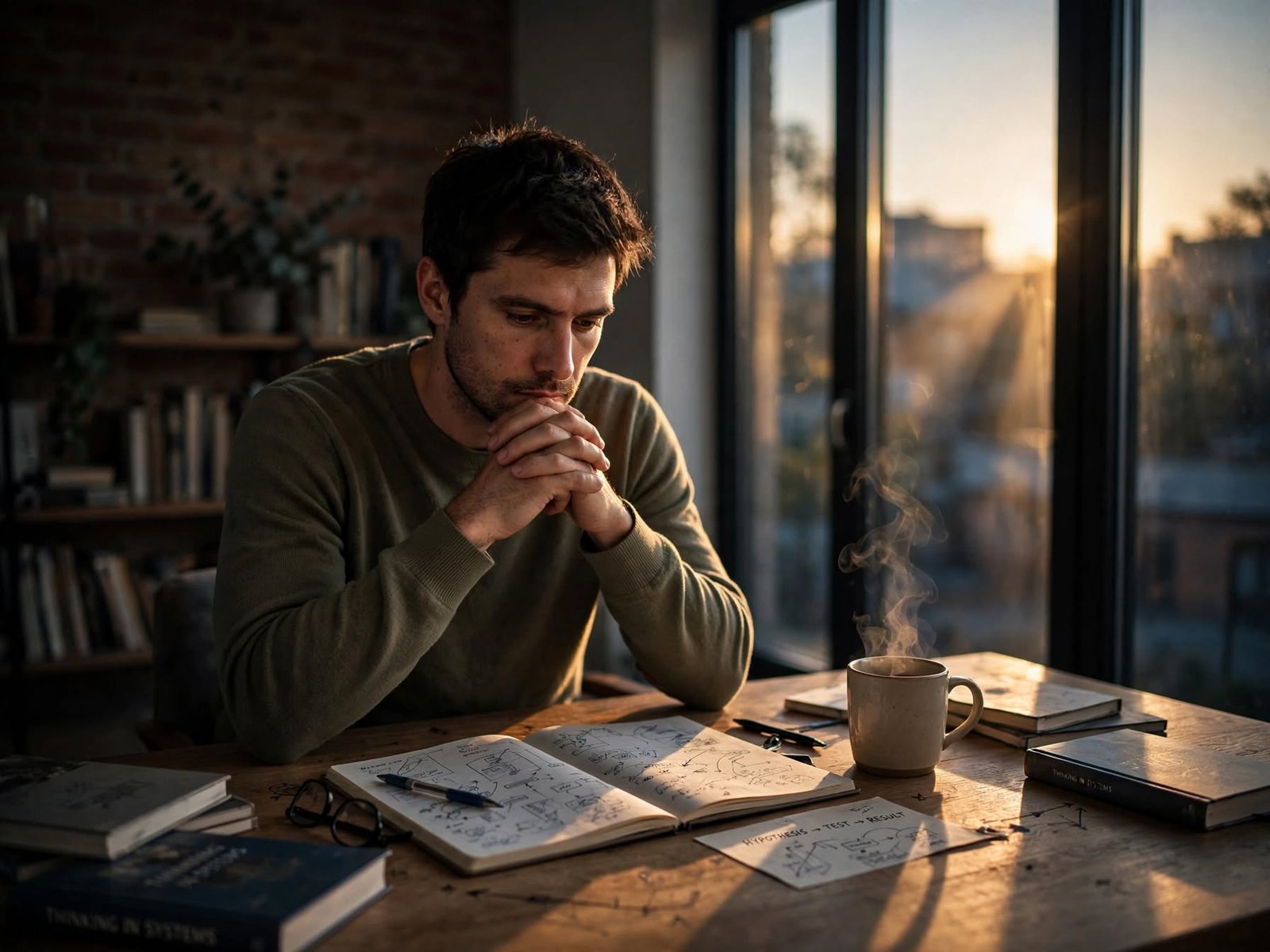 A man sitting at a wooden desk near a window, deep in thought with a notebook and coffee, representing deep thinking techniques for problem solving.