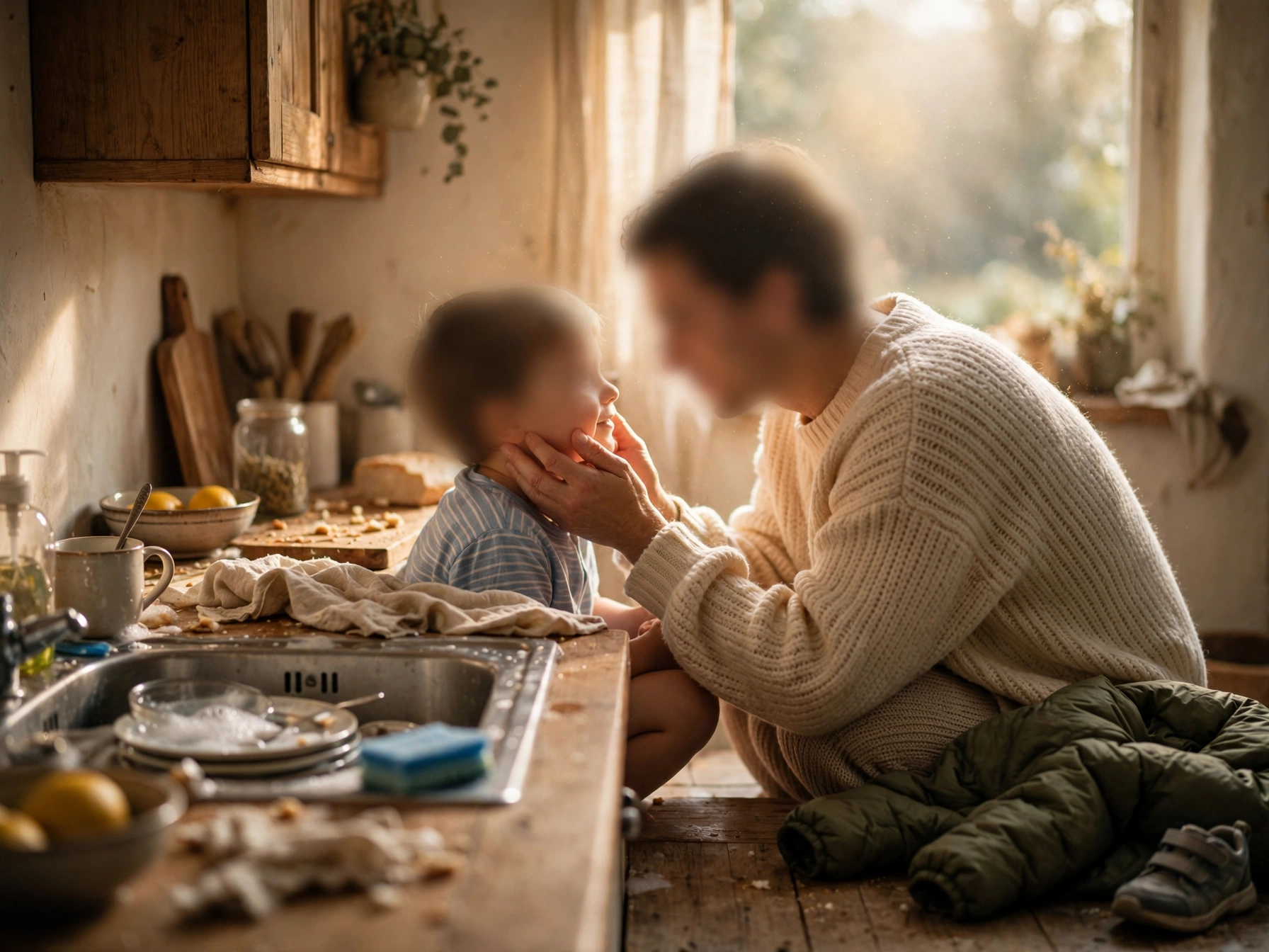 Thinking of Yours: A parent crouching down to look their child in the eyes in a warm kitchen — representing emotional presence over perfect parenting