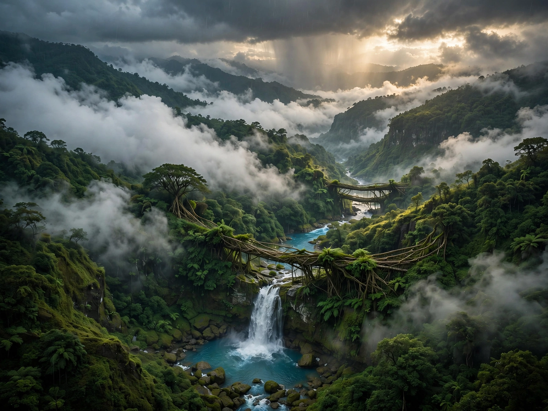 Thinking of Yours: Aerial view of a misty green valley in Northeast India during monsoon with living root bridges, roaring waterfall and dramatic rain clouds — hidden monsoon travel destinations India