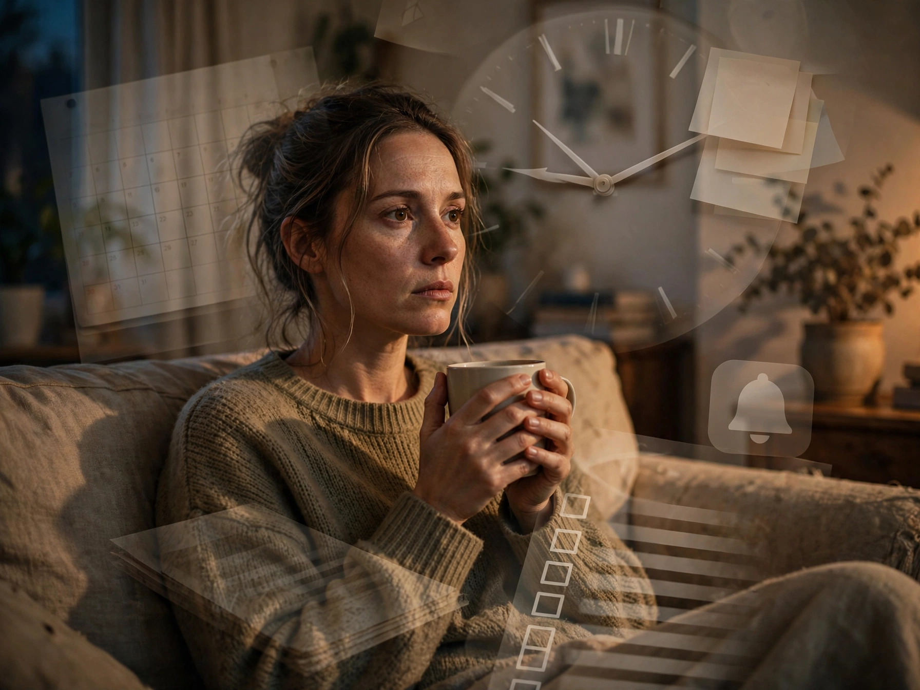 late evening on the worn linen sofa, mug held tight but eyes distant with that quiet exhaustion, and the soft double-exposure of calendar, sticky notes, grocery list, clock hands and notifications floating around her in warm amber.