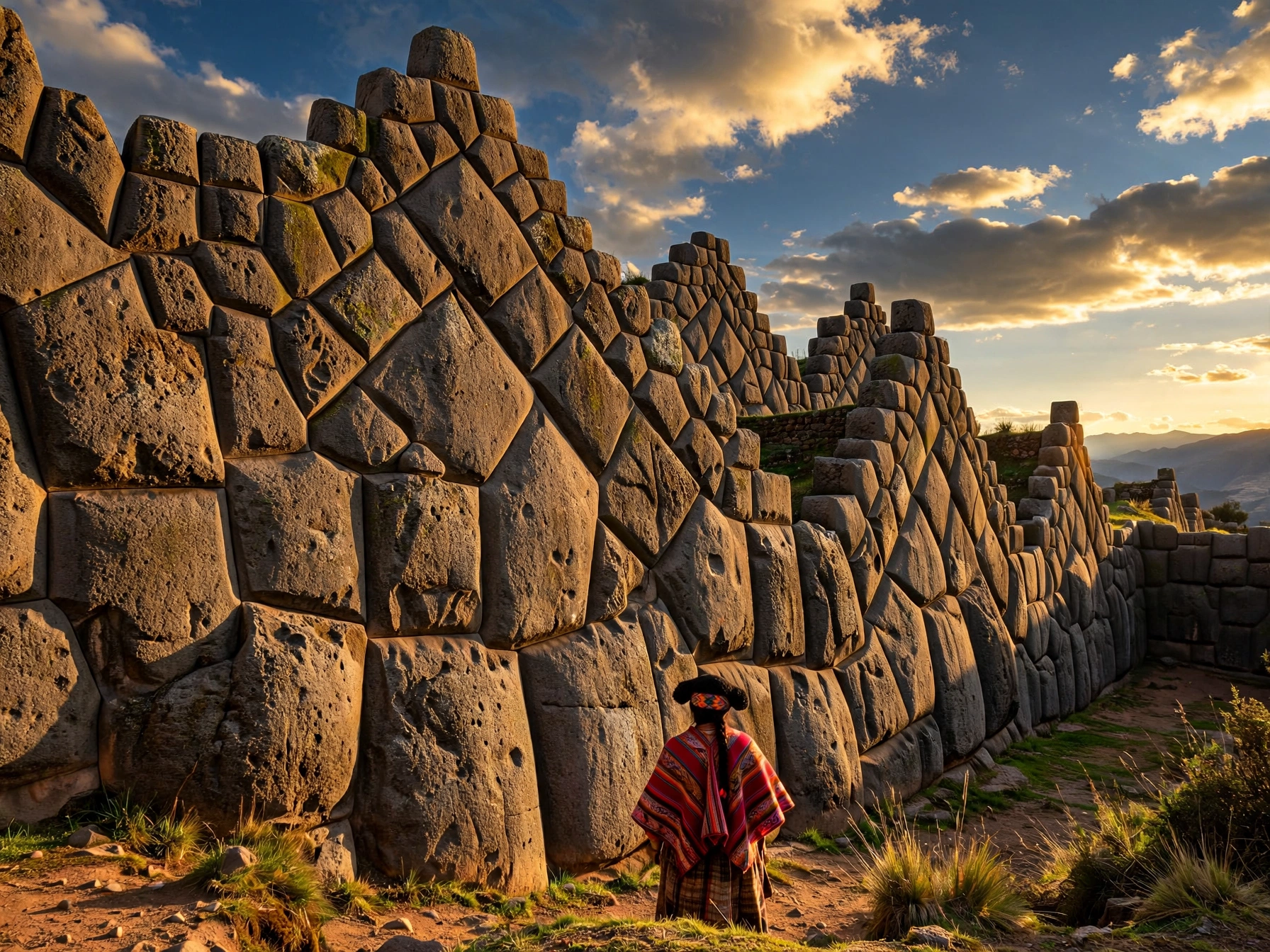 Massive polygonal stone walls of Sacsayhuamán Inca fortress in Cusco Peru — earthquake-resistant ashlar masonry built without mortar or iron tools