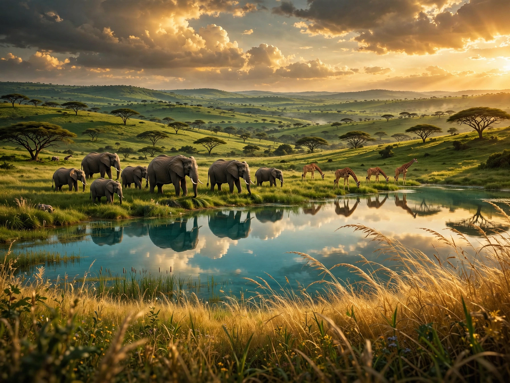 Thiniking of Yours:Ancient Green Sahara landscape showing lush grasslands lakes elephants and giraffes thriving in North Africa during the African Humid Period 8000 years ago