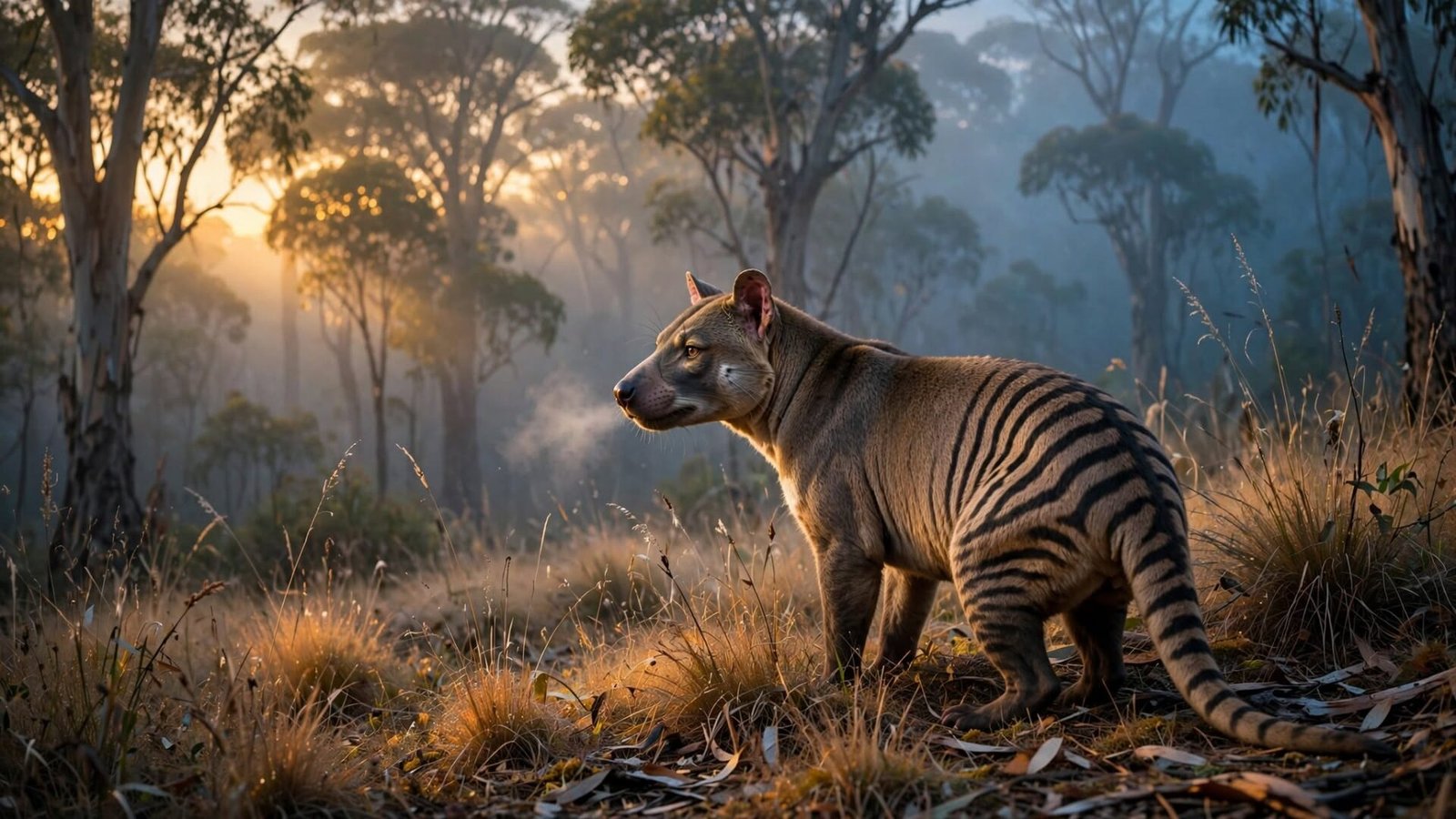 the last light catching his breath in the cold mist, stripes sharp against that golden grass