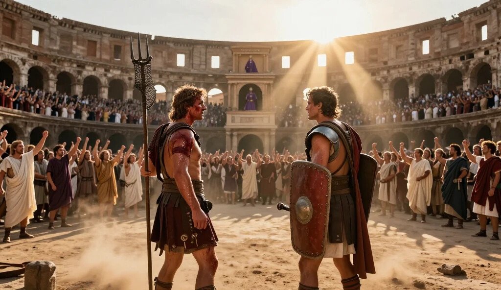 Two gladiators face off on the sand floor of the Roman Colosseum as 50,000 spectators roar from the stands during the height of the Roman Empire