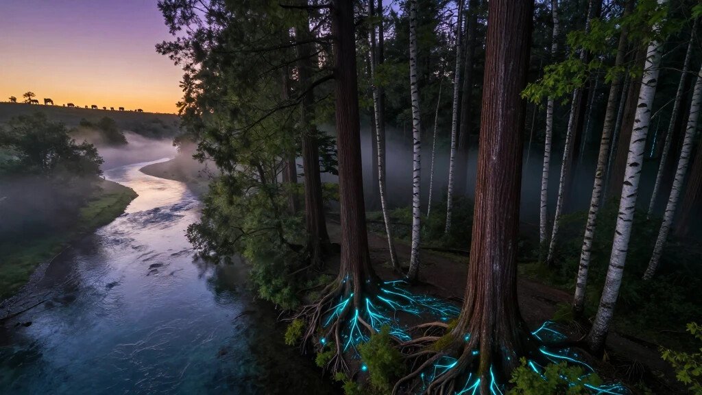 The forest floor is barely visible through layers of mist settling between enormous Douglas fir and birch trees.