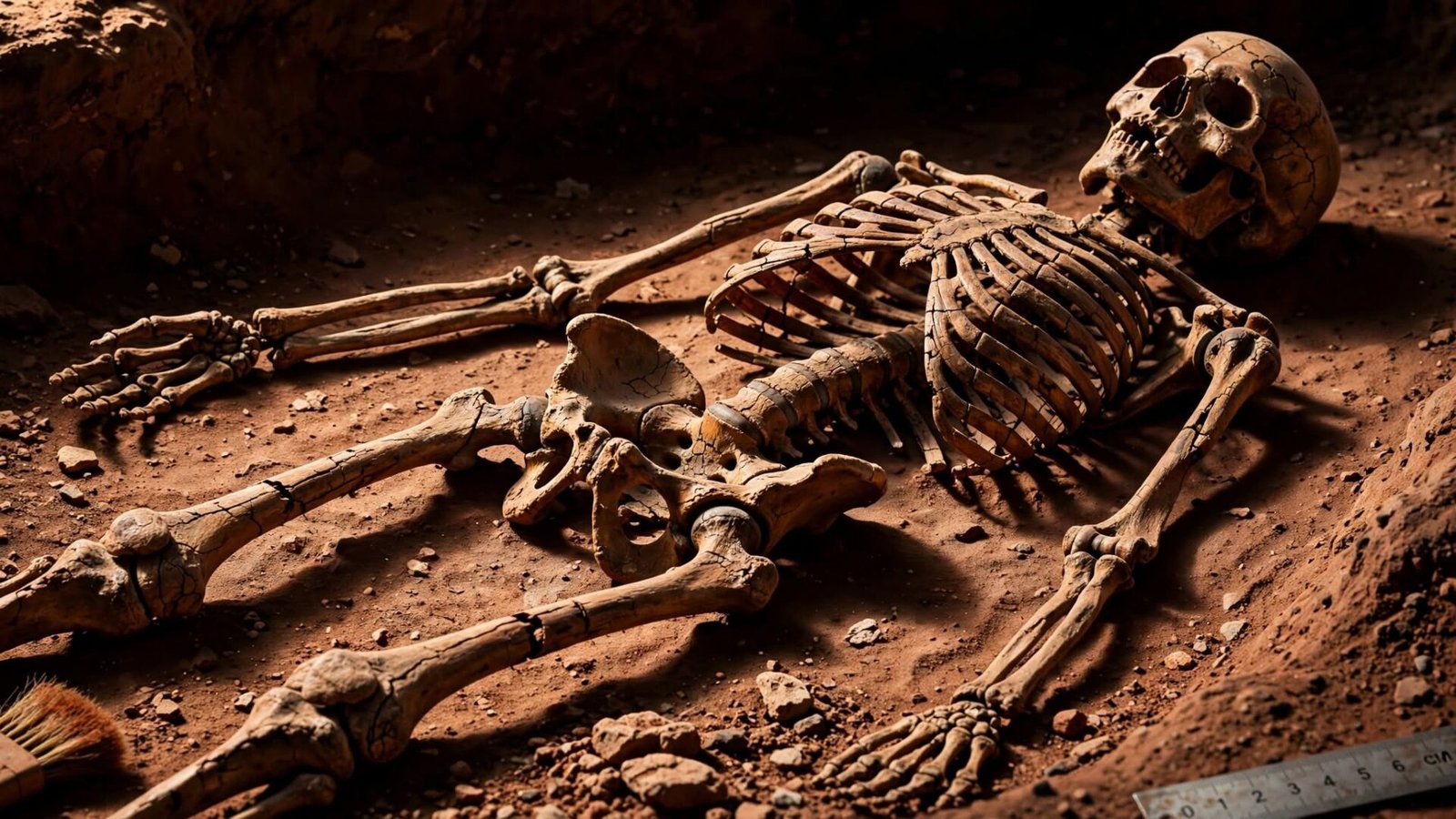 A complete ancient human skeleton excavated from red ochre soil, showing worn joints and stress fractures under dramatic archaeological lighting