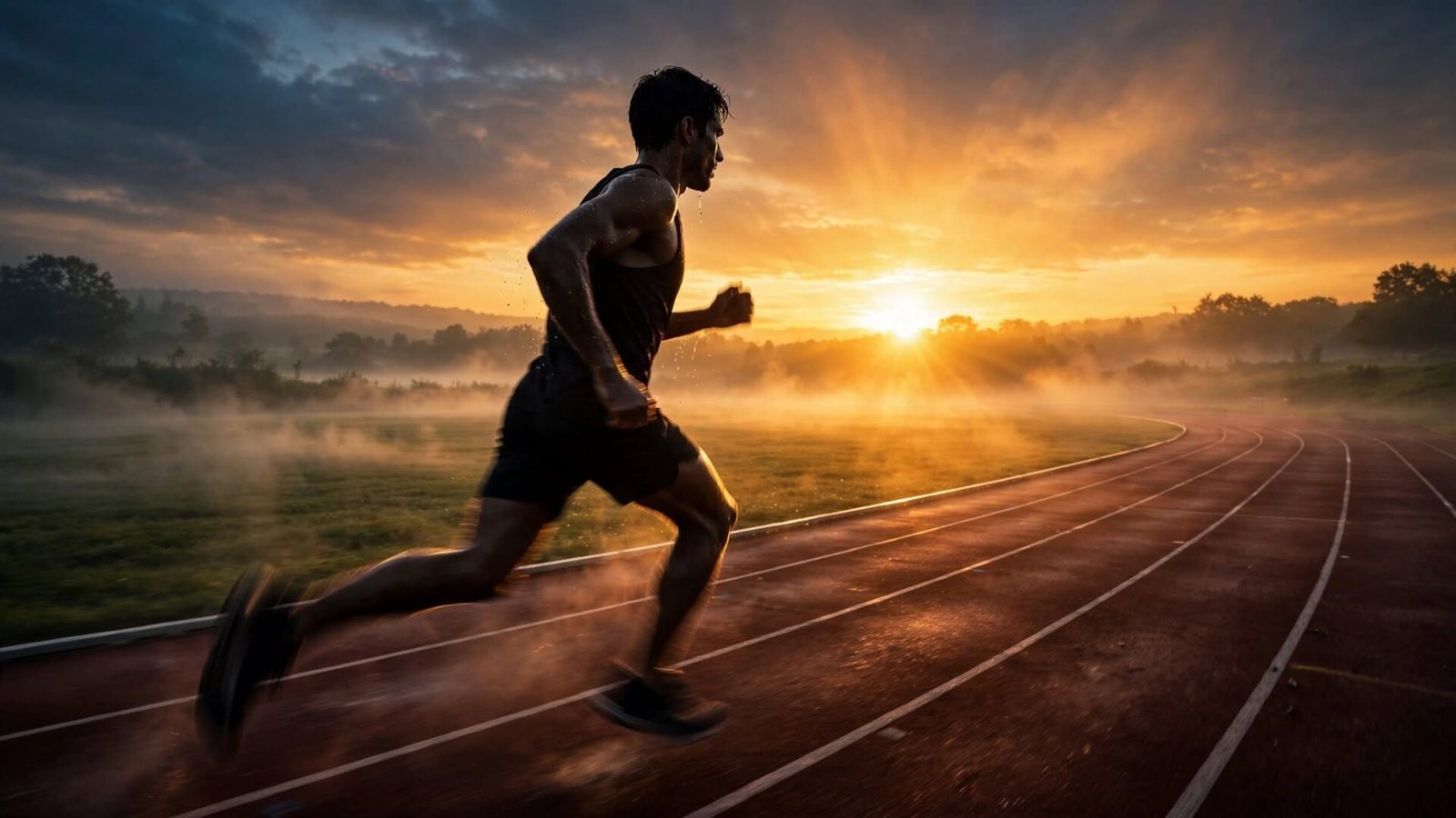 Silhouette of an athlete running at full speed on an empty track at golden sunrise, representing motivation, discipline, and the power of consistent sports