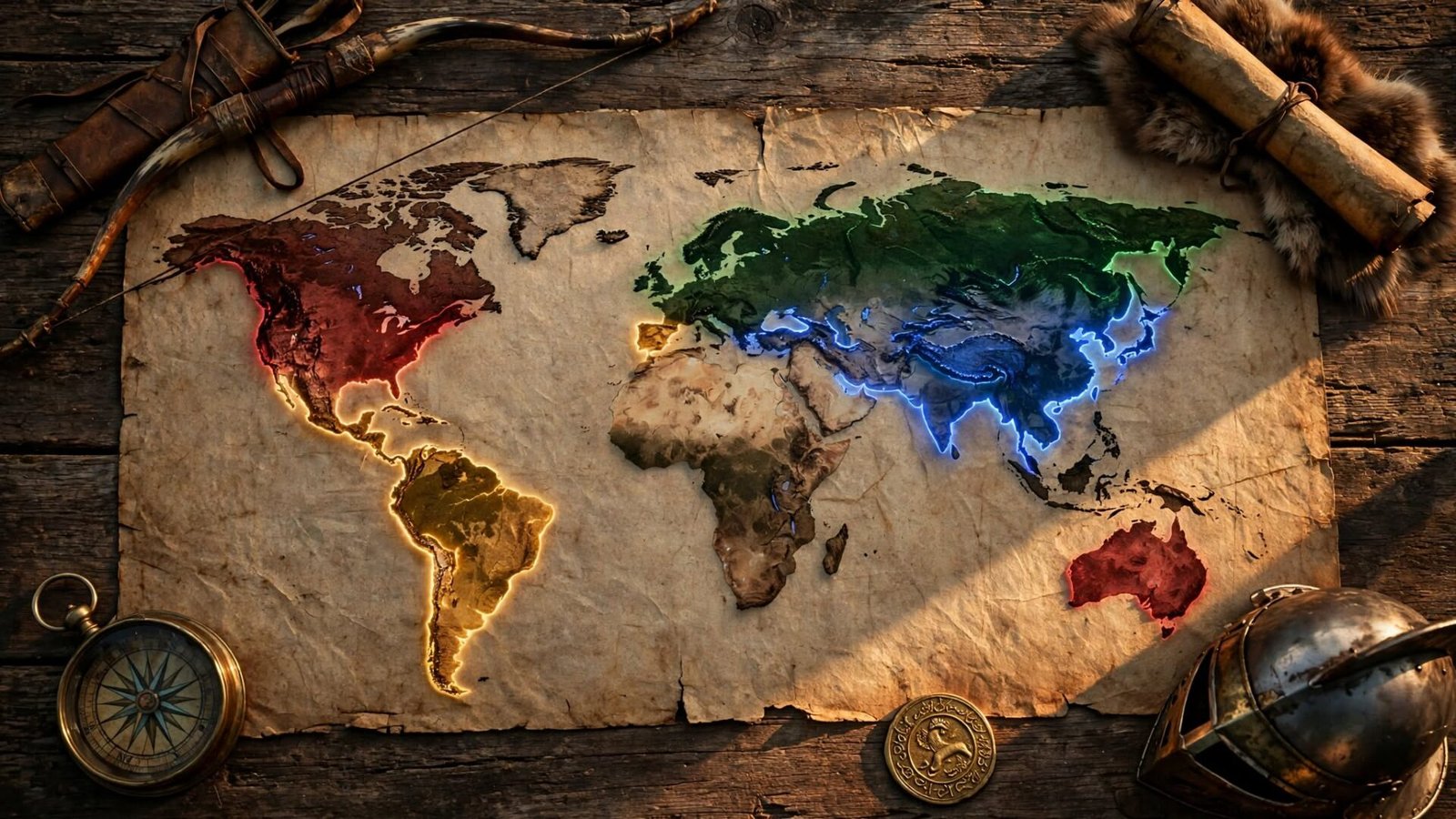 deep red British, royal blue Mongol, dark green Russian, amber gold Spanish, with the naval compass, cavalry bow, fur trade scroll, conquistador helmet and Persian coin catching warm amber light.