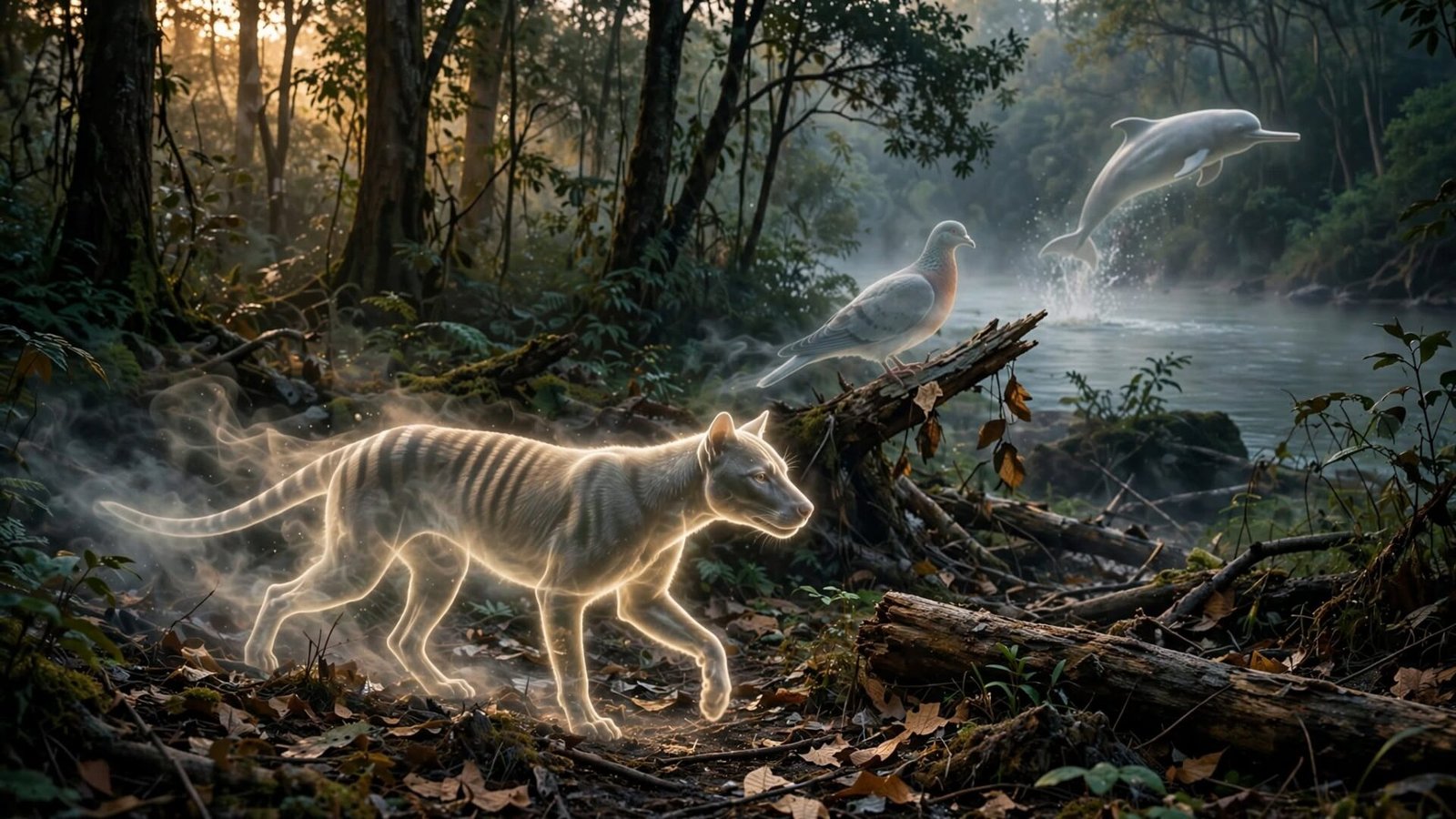 Ghostly silhouettes of extinct wildlife including the Thylacine and Passenger Pigeon fading into a misty ancient forest at dusk — representing lost wildlife of the last 100 years
