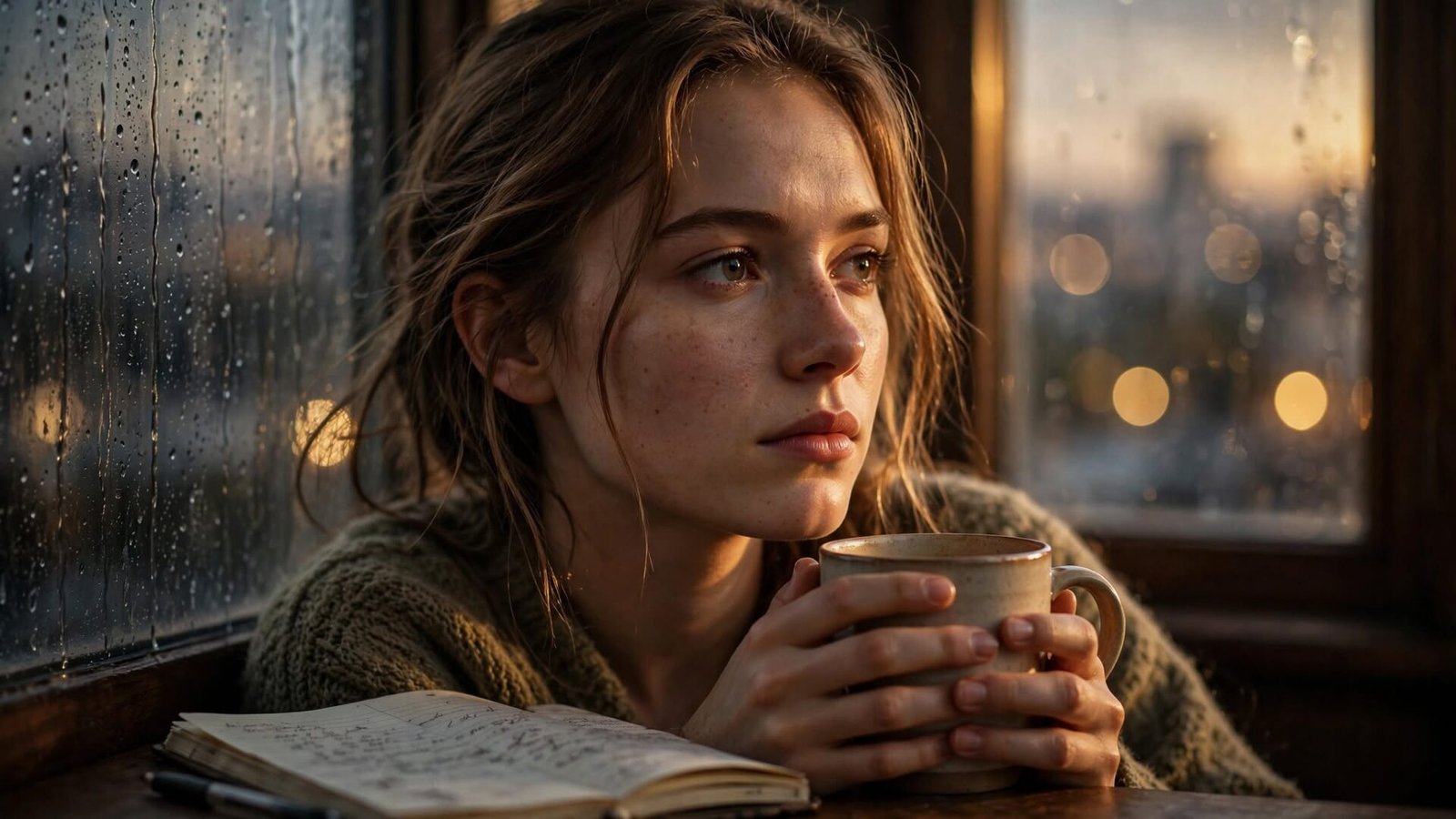 "A young woman sitting alone by a rainy window holding a coffee mug, looking outside with a quietly determined expression — representing staying motivated and resilient after emotional hurt."